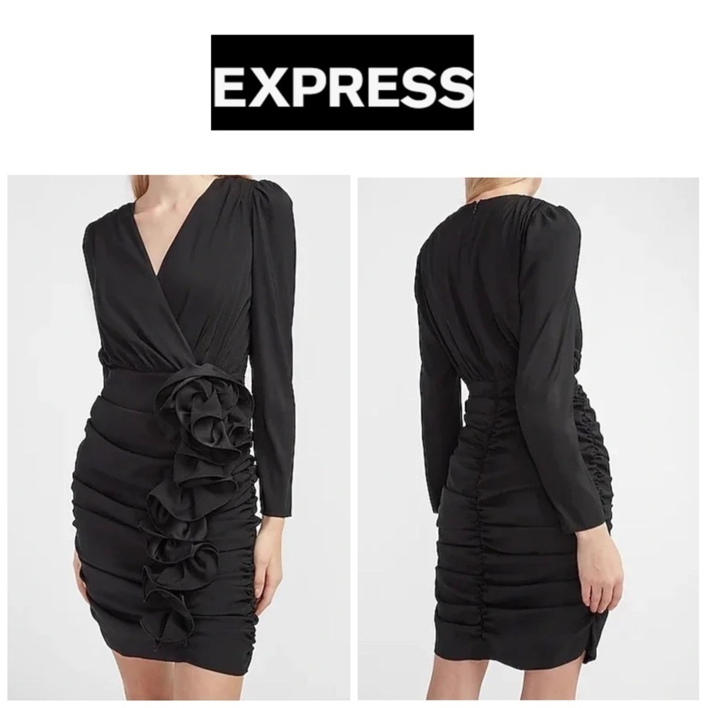 🆕Express Black Long Sleeve Elegant  Wrap Flower Rouched Design Dress S🆕